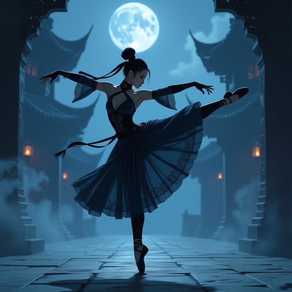 Ballerina Ninja in Mid-Air Kick, Dark Fantasy Art