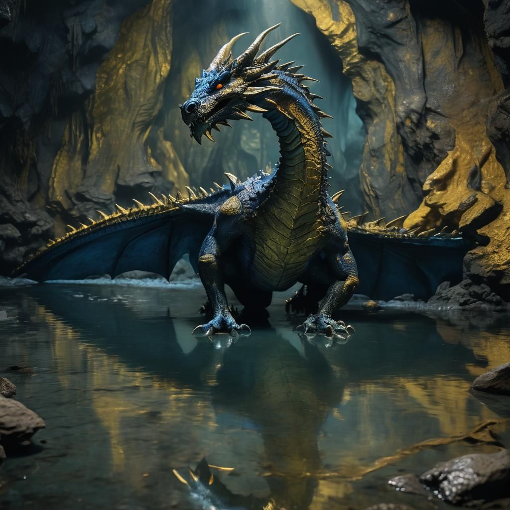 Brass Dragon in a Gold-Lit Cave