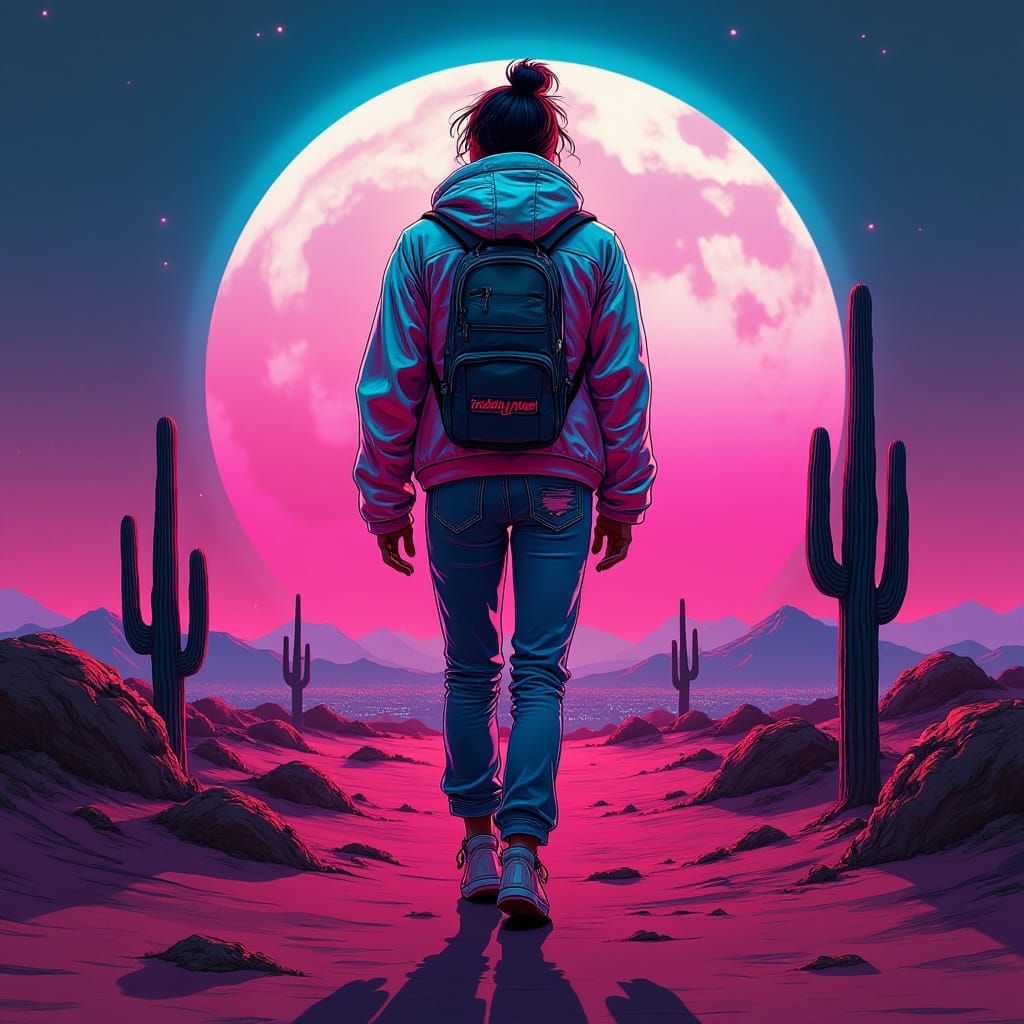 Neon Nomad in Retro-Futuristic Desert Landscape