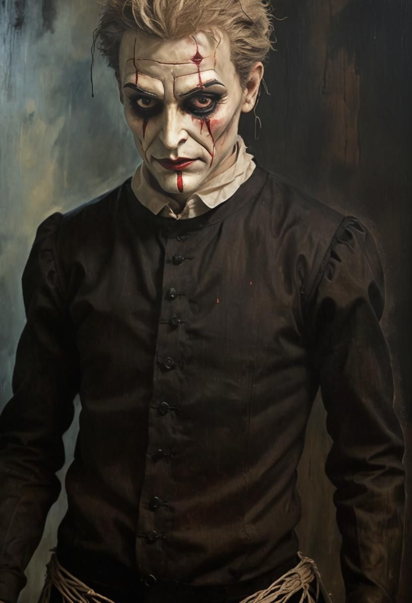 Gothic Jester Puppet with Cracking Paint in Oil Painting Sty...