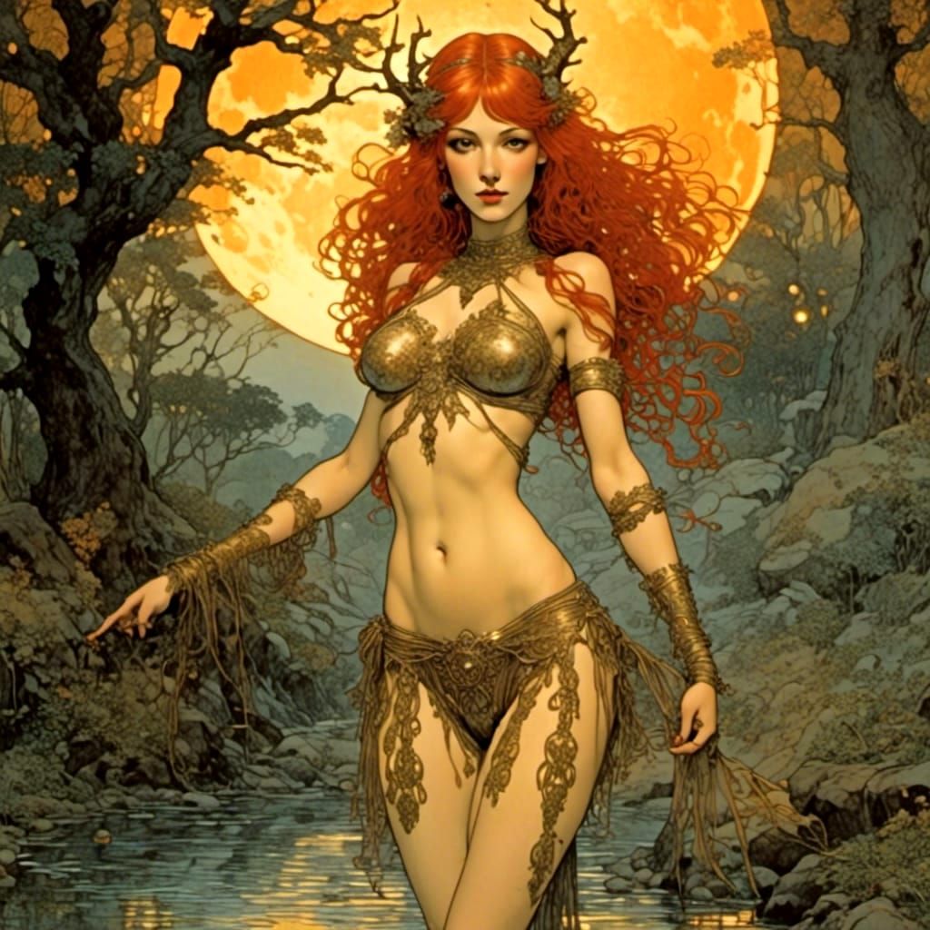 Redhead Woman in Bikini, Renaissance Inspired Illustration