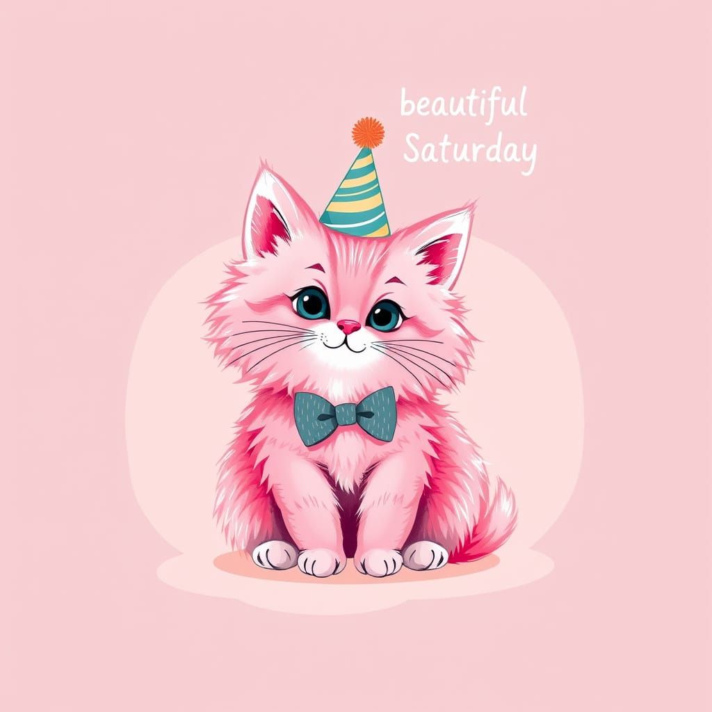 Pink Kitten's Saturday Wish: Whimsical Illustration