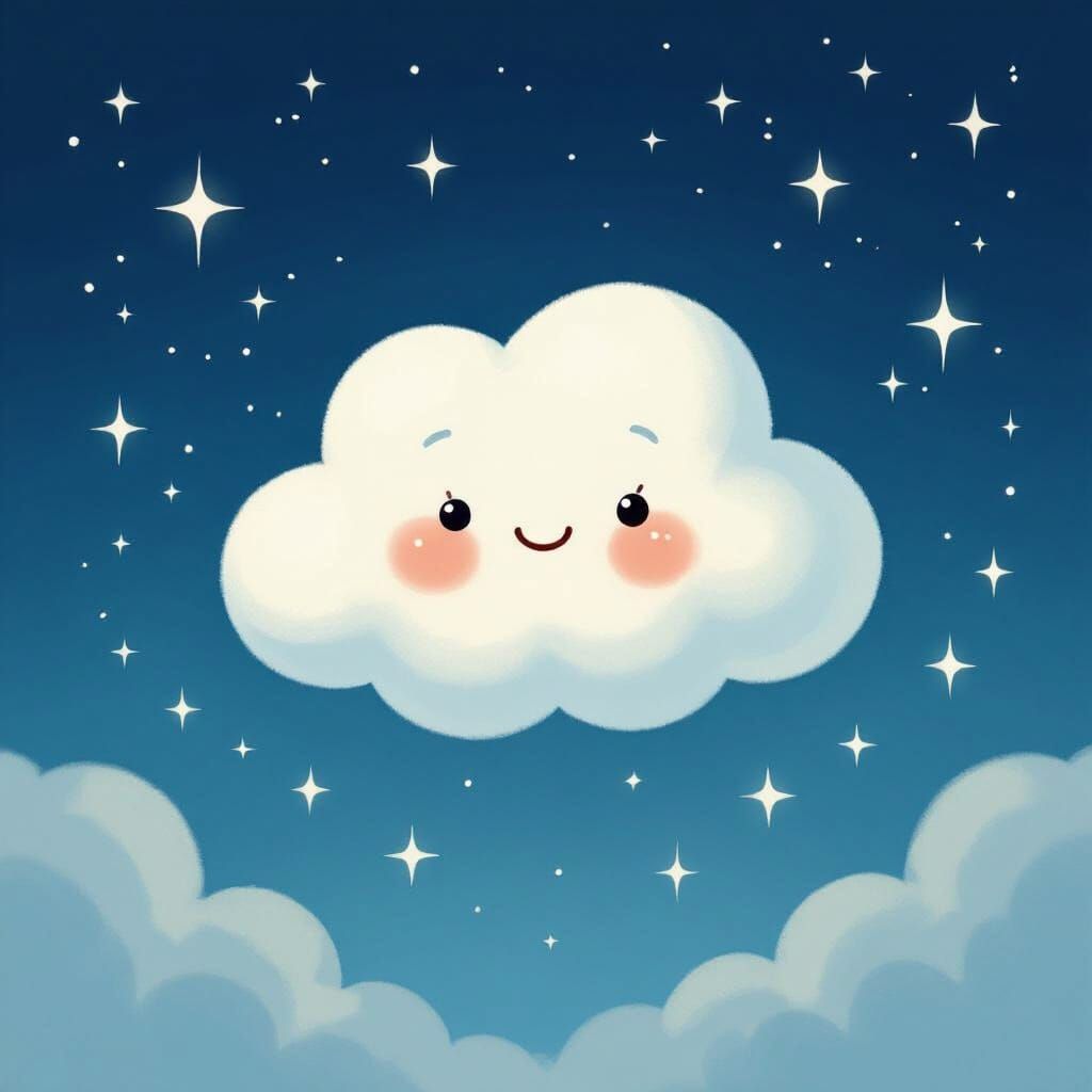 Cute Smiling Cloud in Starry Night Sky Cartoon