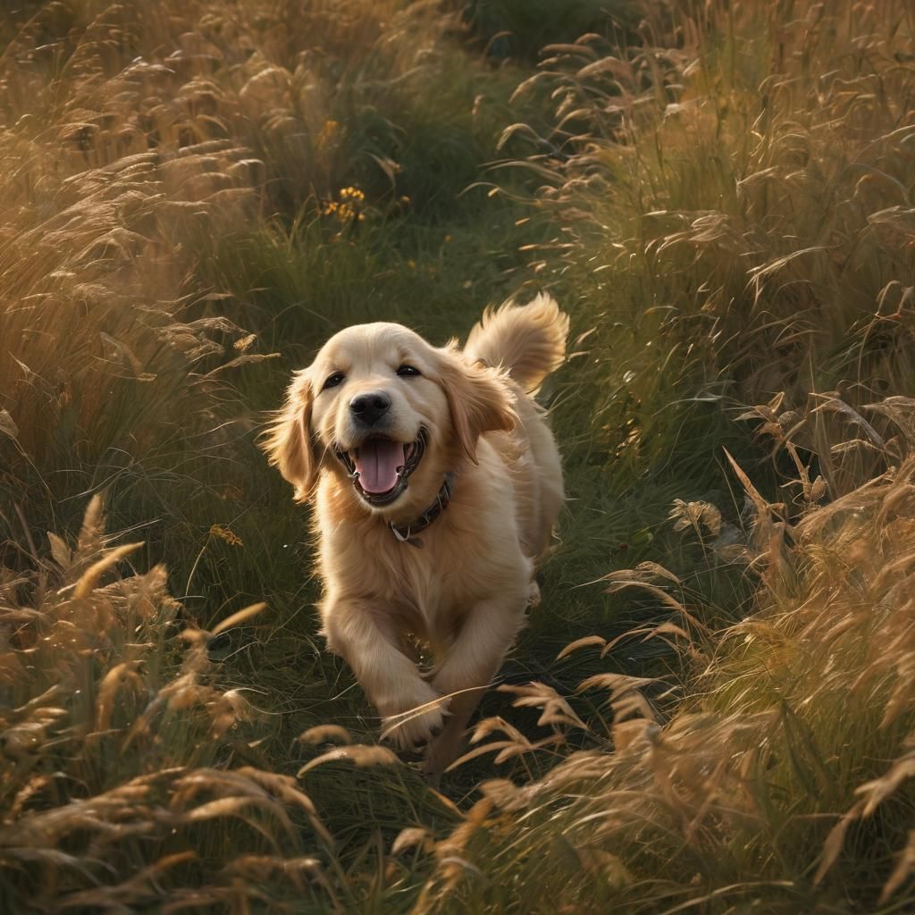 Golden Retriever Puppy in Long Grass: Whimsical Matte Painti...