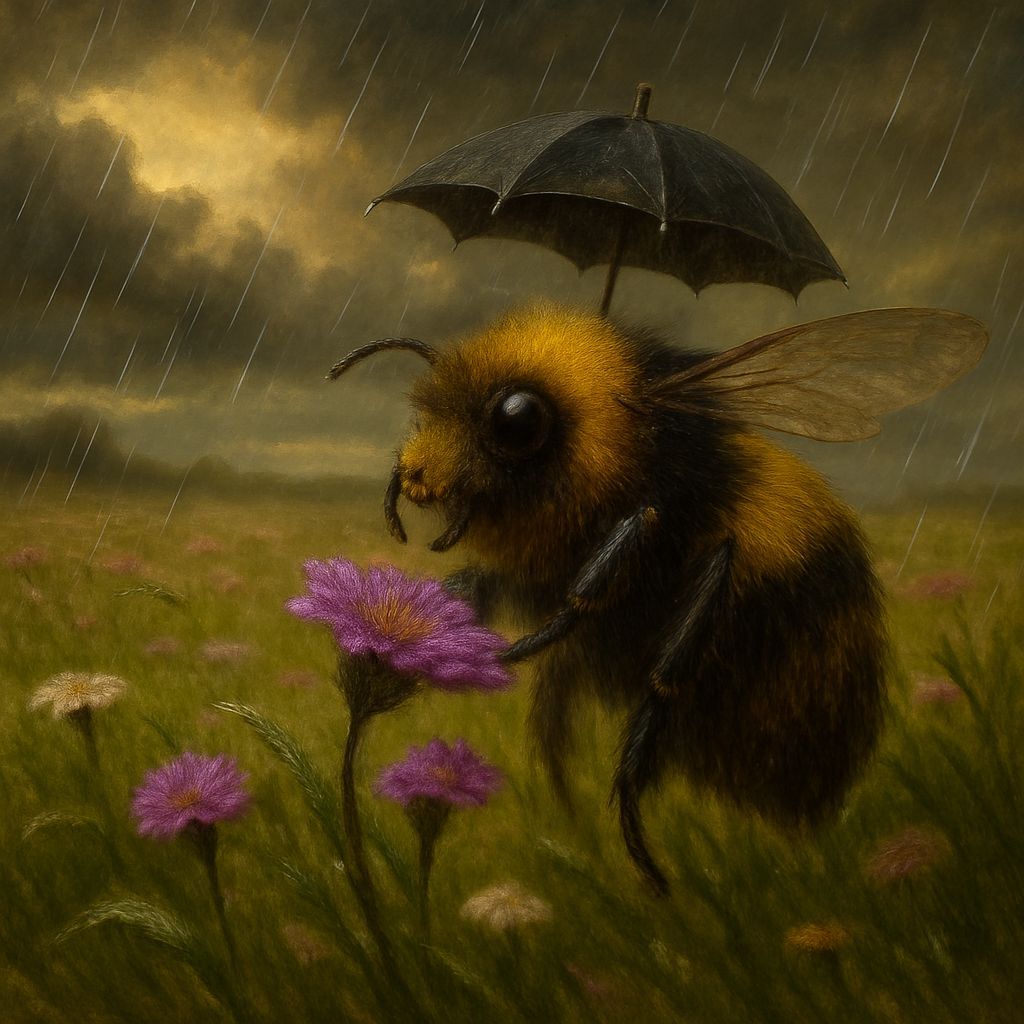 Bumblebee with Umbrella in Rainy Landscape