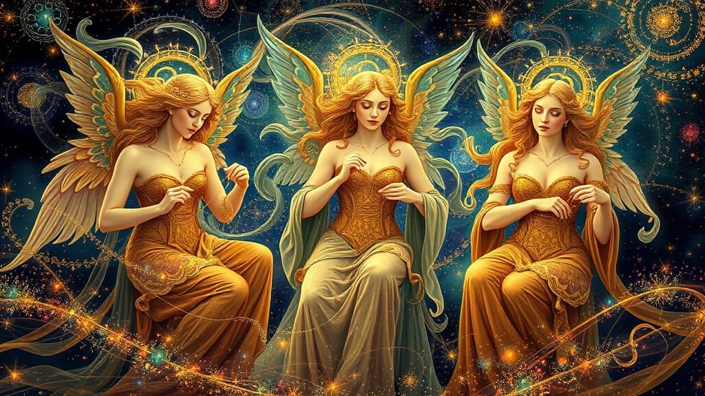 The Three Fates Weaving Life's Tapestry in Cosmic Art Nouvea...