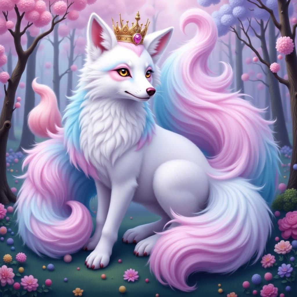 Majestic Pastel Kitsune Fox with Gradient Tails and Crown