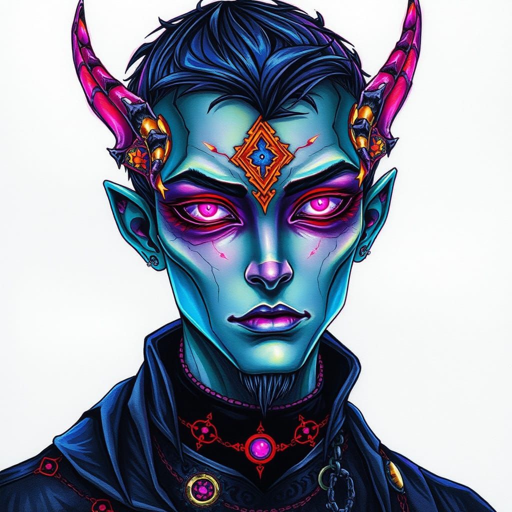 Gothic Neo-Anime Portrait with Iridescent Skin