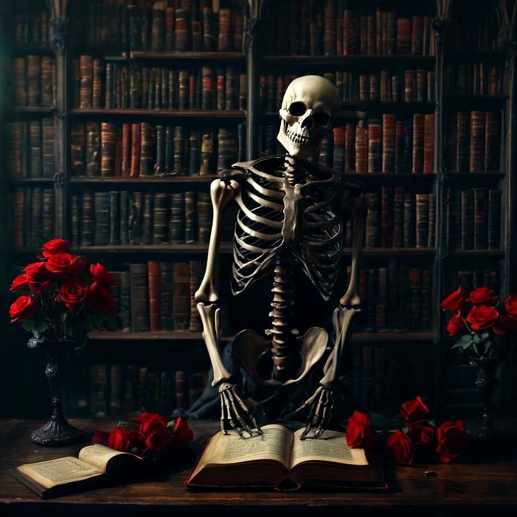 Skeleton Reading in Gothic Library with Roses