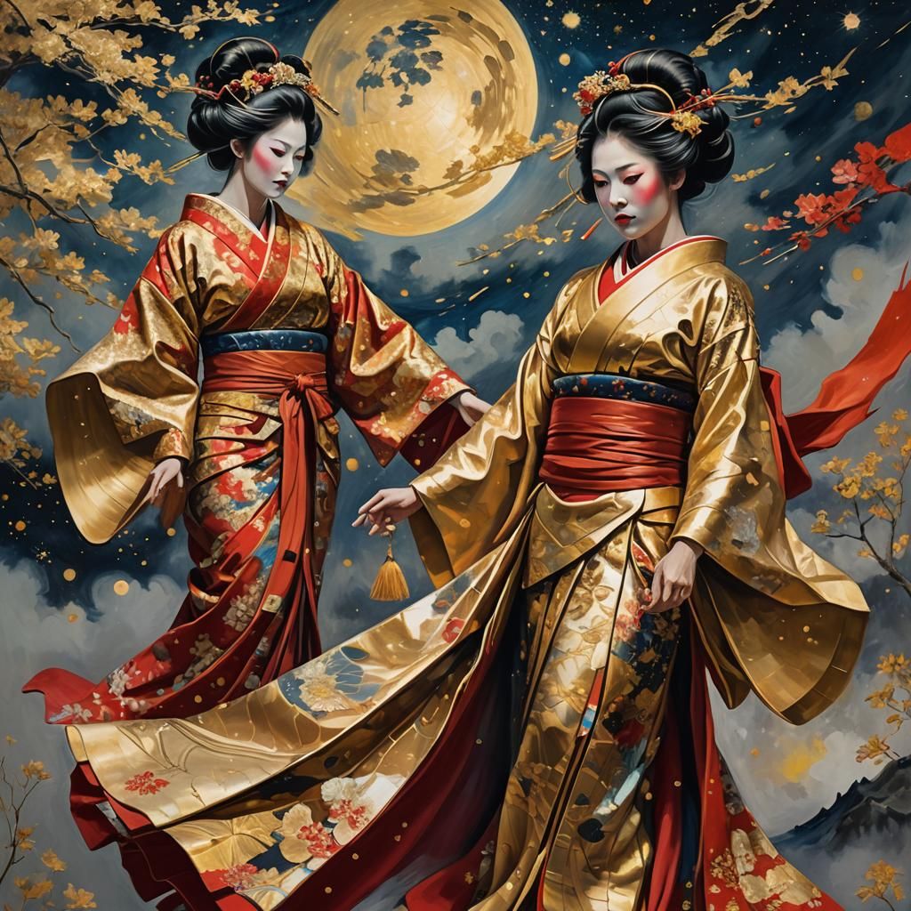 Geisha and Warrior in Surrealist Double Exposure