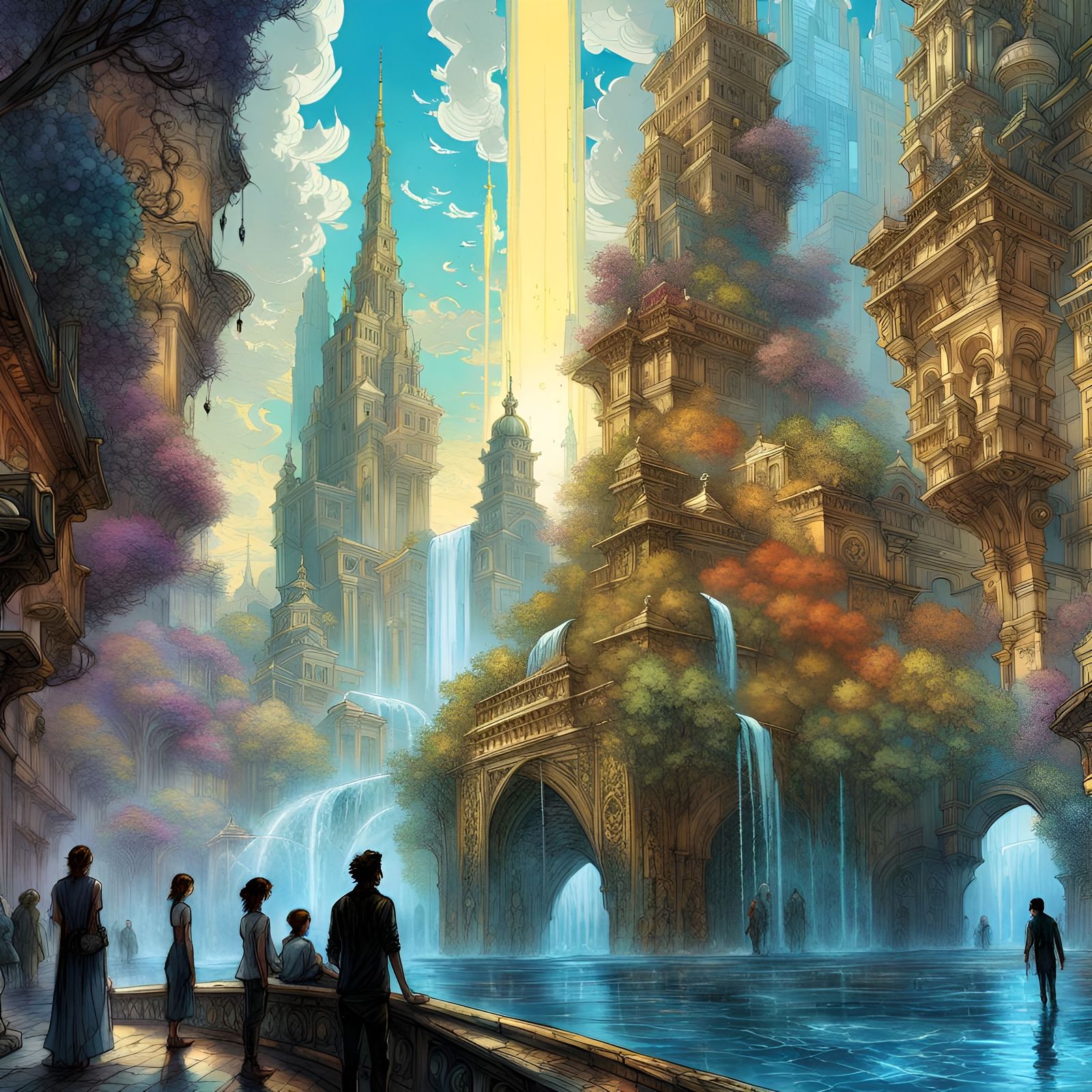 Futuristic Utopia Paradise with Water Fountains