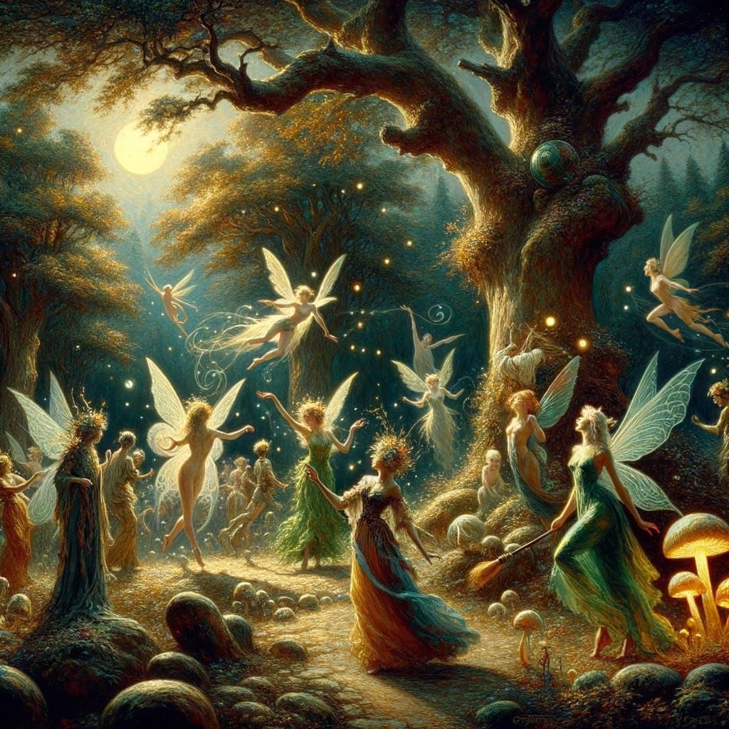 Magical Forest Celebration in Classical Oil Painting Style