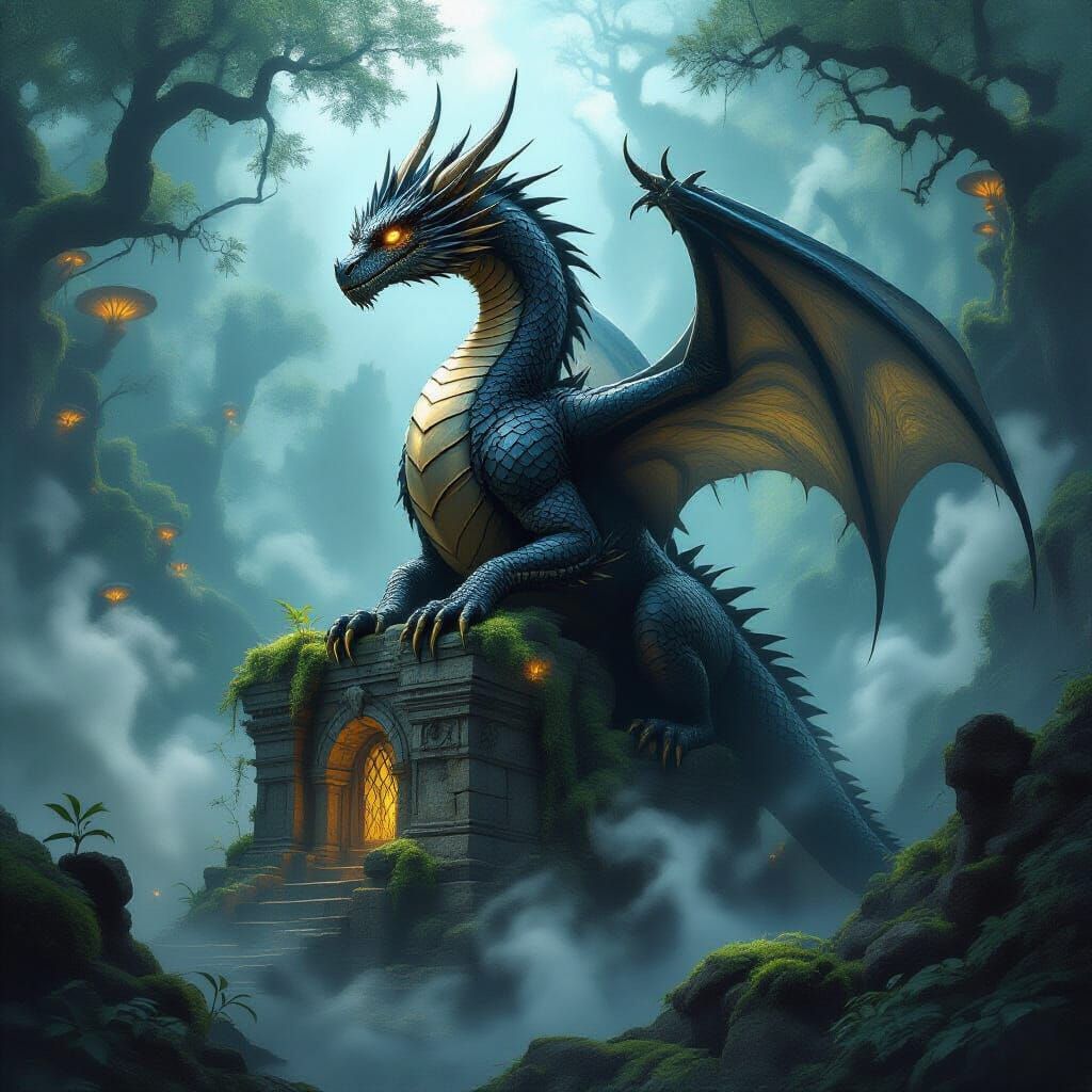 Ancient Dragon on Ruin in Mystical Forest