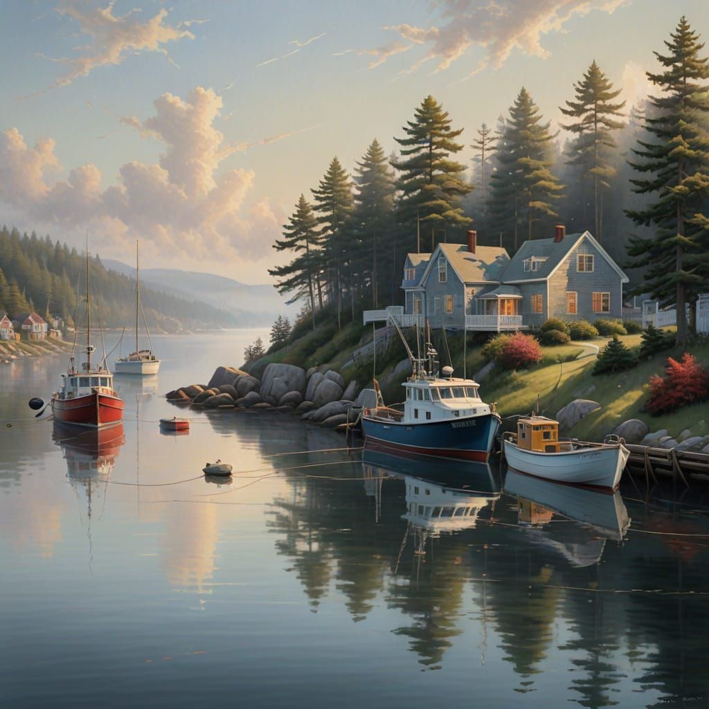New England Harbor Scene with Lobster Boats in Golden Light