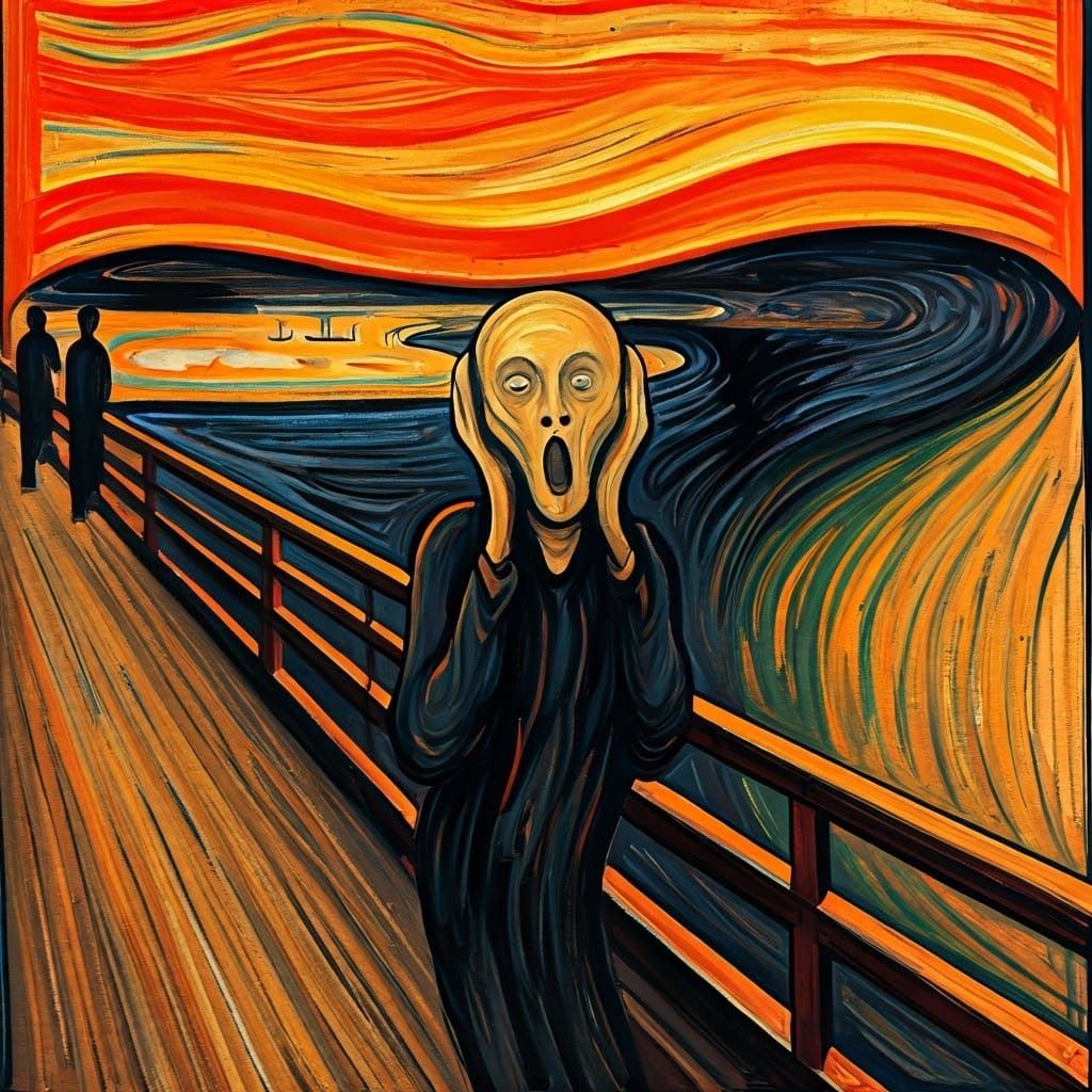 Expressionist Figure's Silent Scream on Swirling Bridge