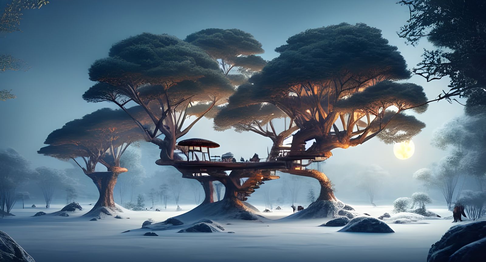 Moonlit Bonsai Treehouse in Snow, Hyperdetailed Art