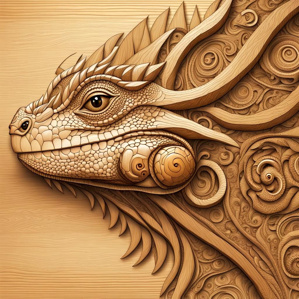 Detailed Wooden Iguana Carving on Fractal Background