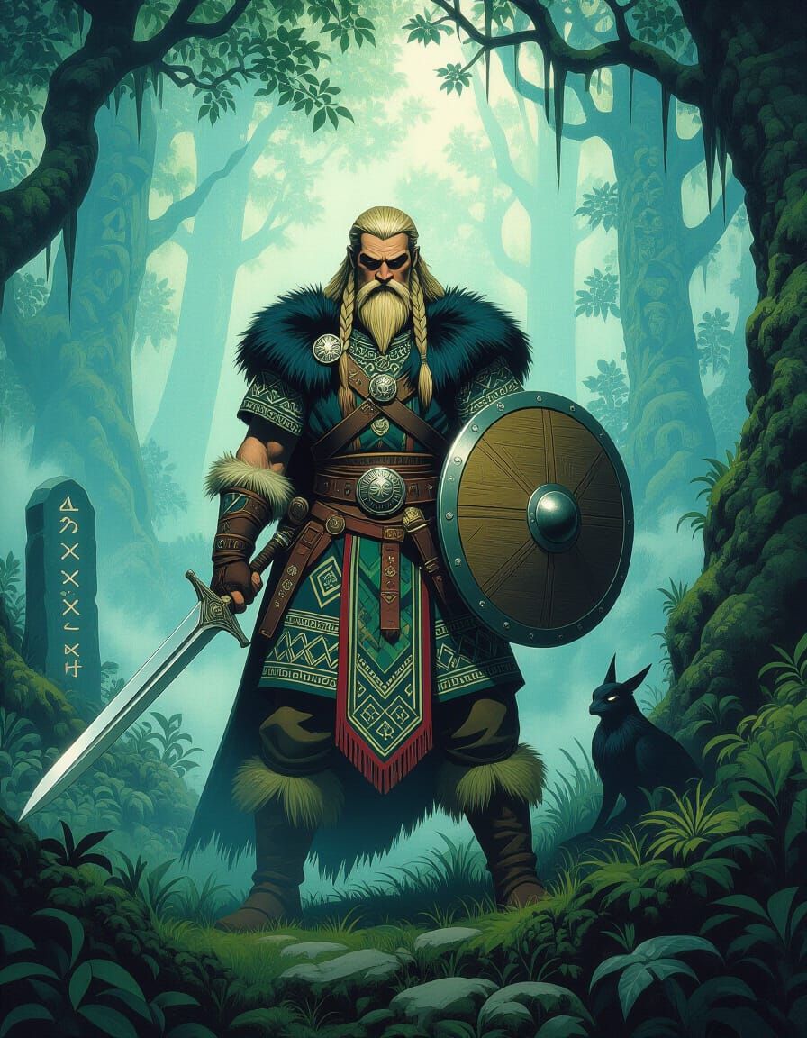 Mystical Warrior in Finnish Forest, 1980s Poster Art