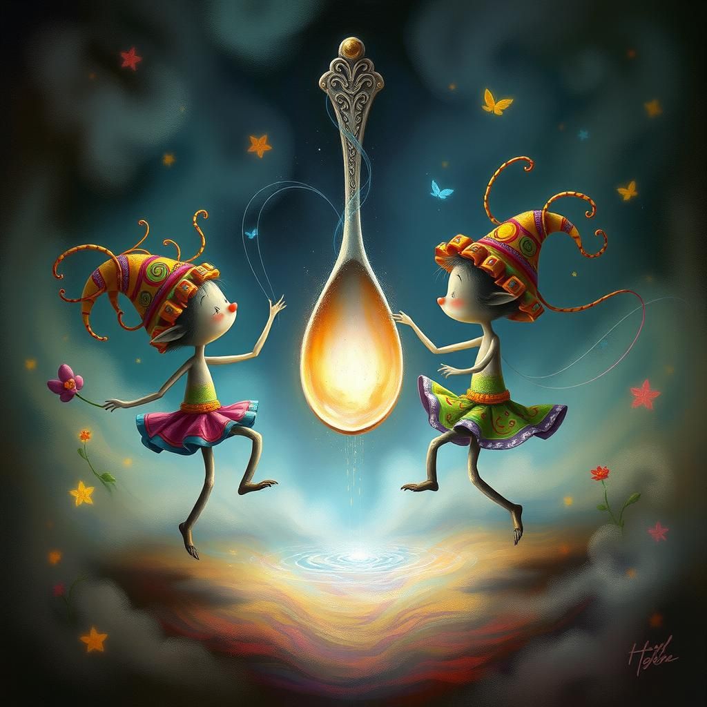 Whimsical Creatures Dancing with a Glowing Spoon