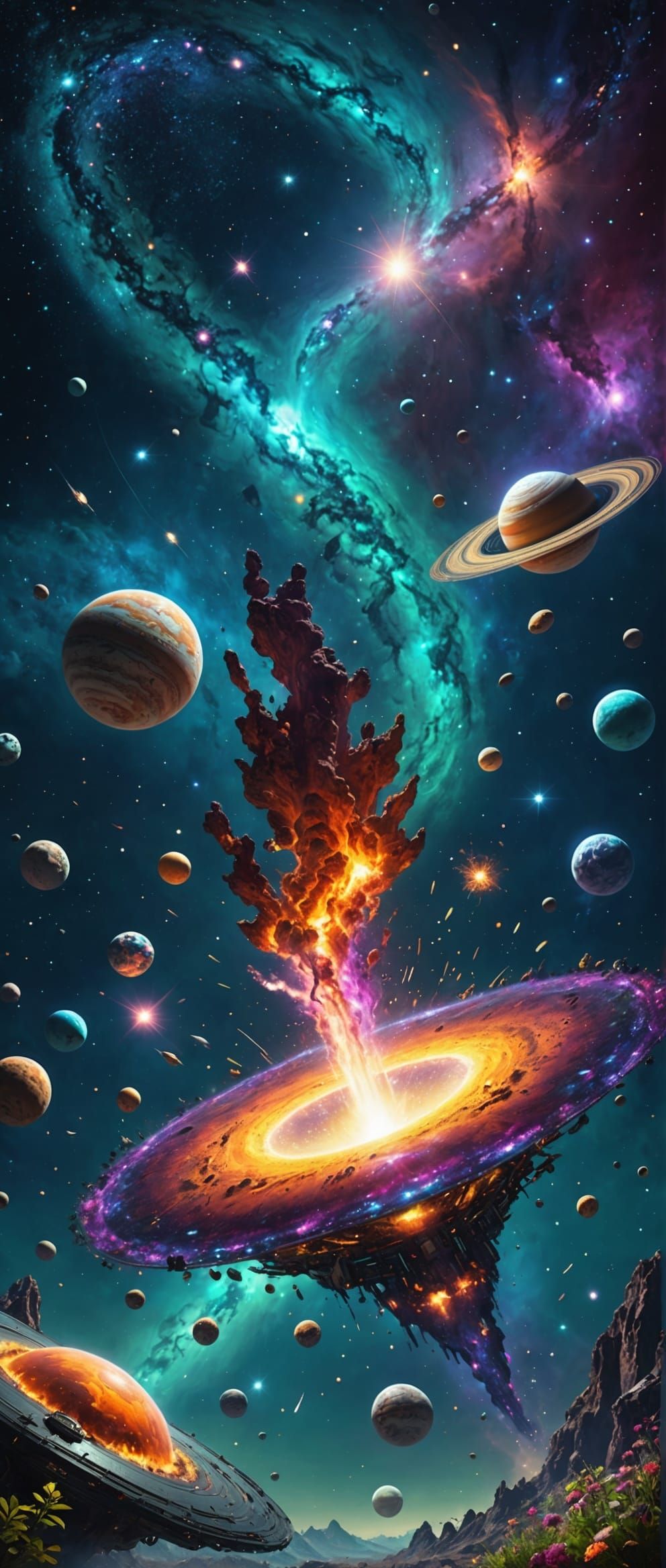 Galaxies Form with Psychedelic Saucer, Digital Art