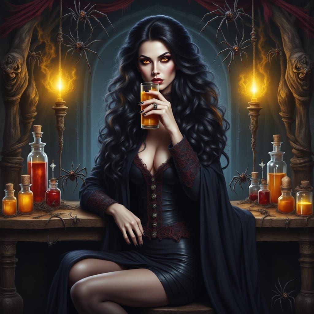 Evil Witch at Bar in Dimly Lit Spell Room