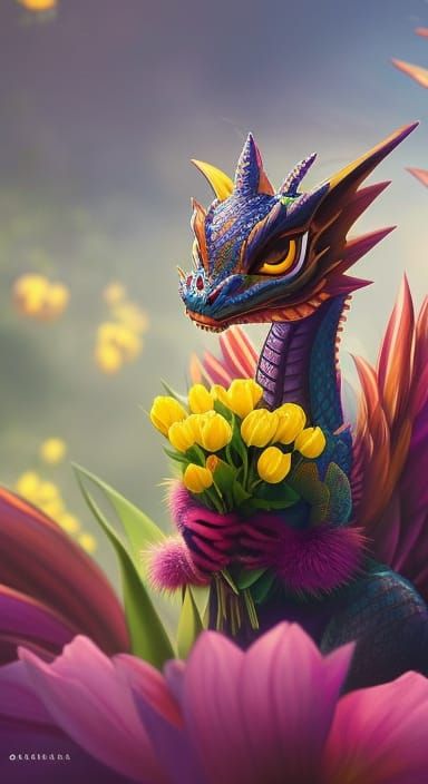 Cute Dragon with Tulips, Detailed Digital Art