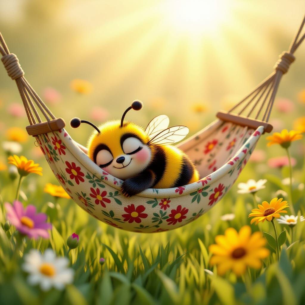 Bumblebee Snoozing in Floral Hammock: Pixar-Inspired 3D Art