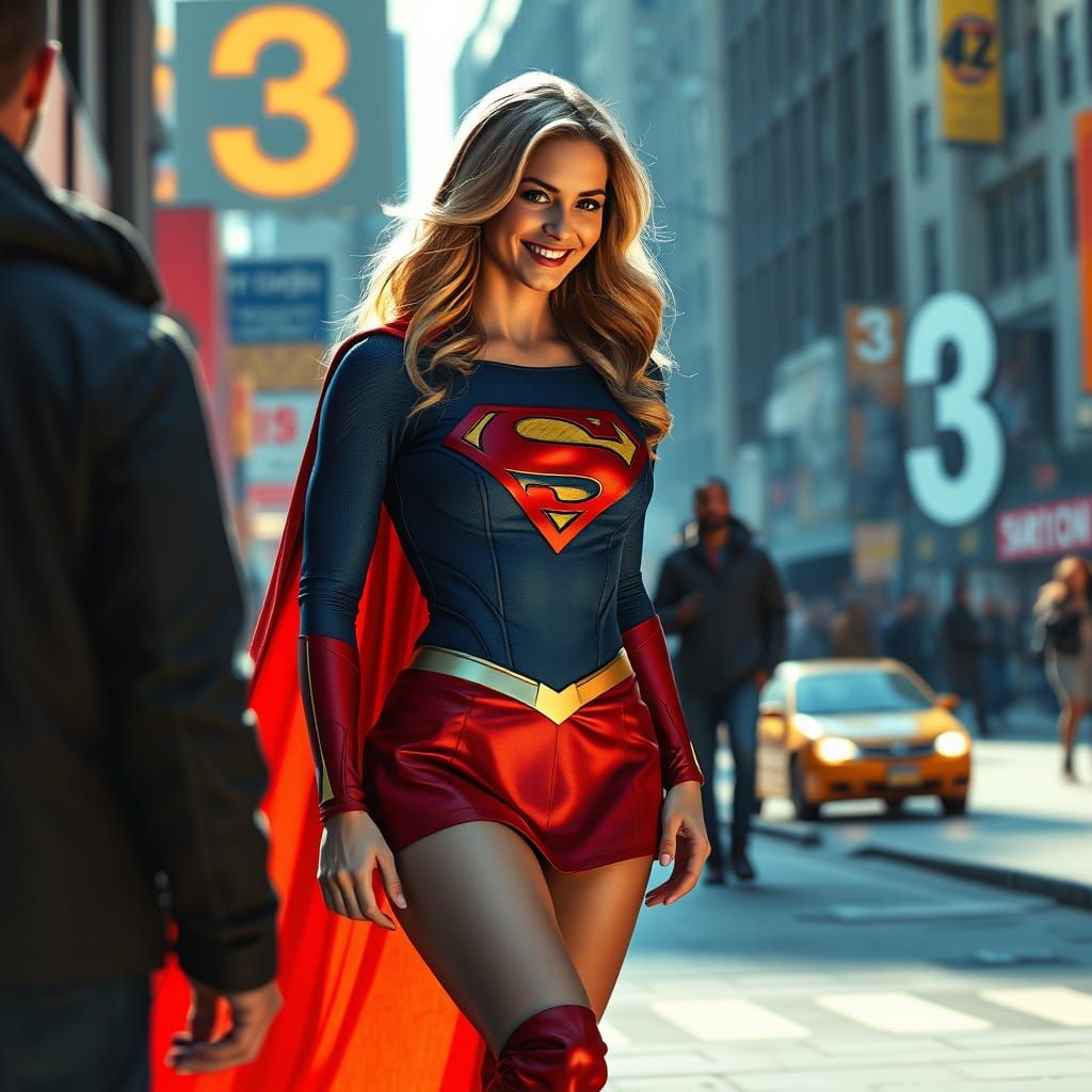 Supergirl's Heroic Smile on a Bustling City Street