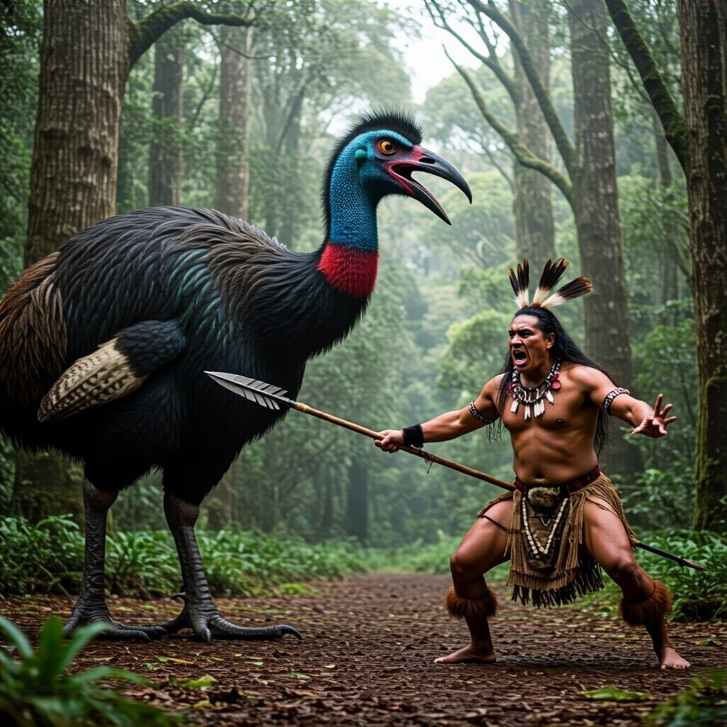 Maori Warrior Haka Confronts Giant Moa Bird