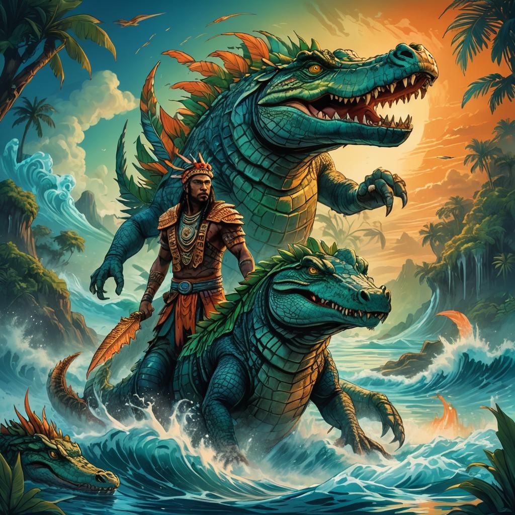 Pacific Warrior and Crocodile in Tropical Setting