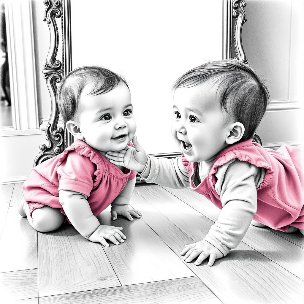 Baby's First Reflection: Detailed Pencil Sketch