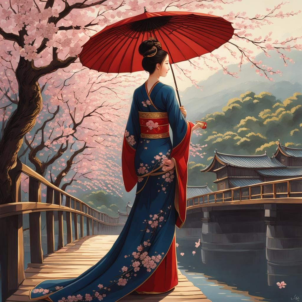 Geisha with Cherry Blossoms, Realistic Digital Art