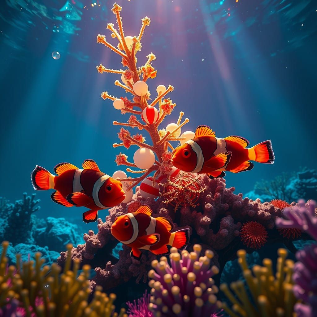 Whimsical Underwater Christmas Scene with Clown Fish Family