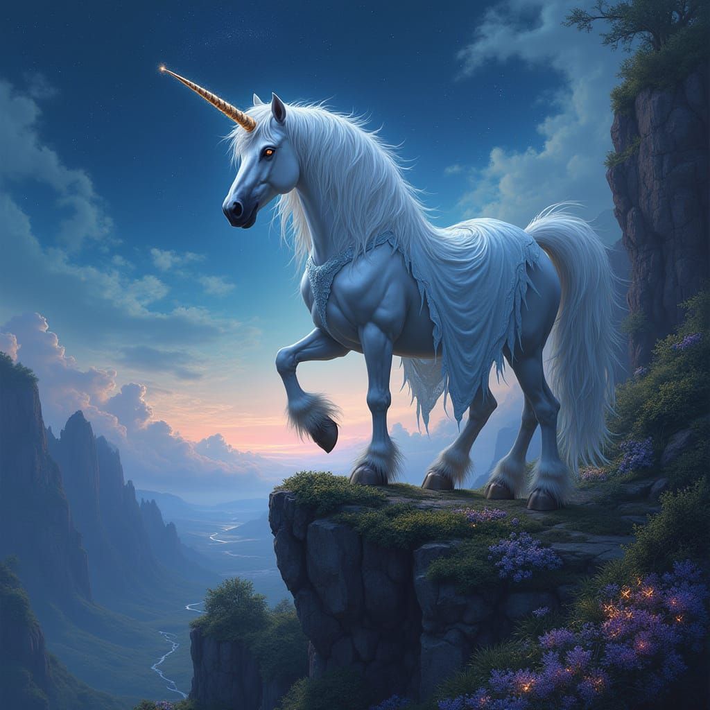 Majestic Fantasy Unicorn Overlooks Enchanted Valley