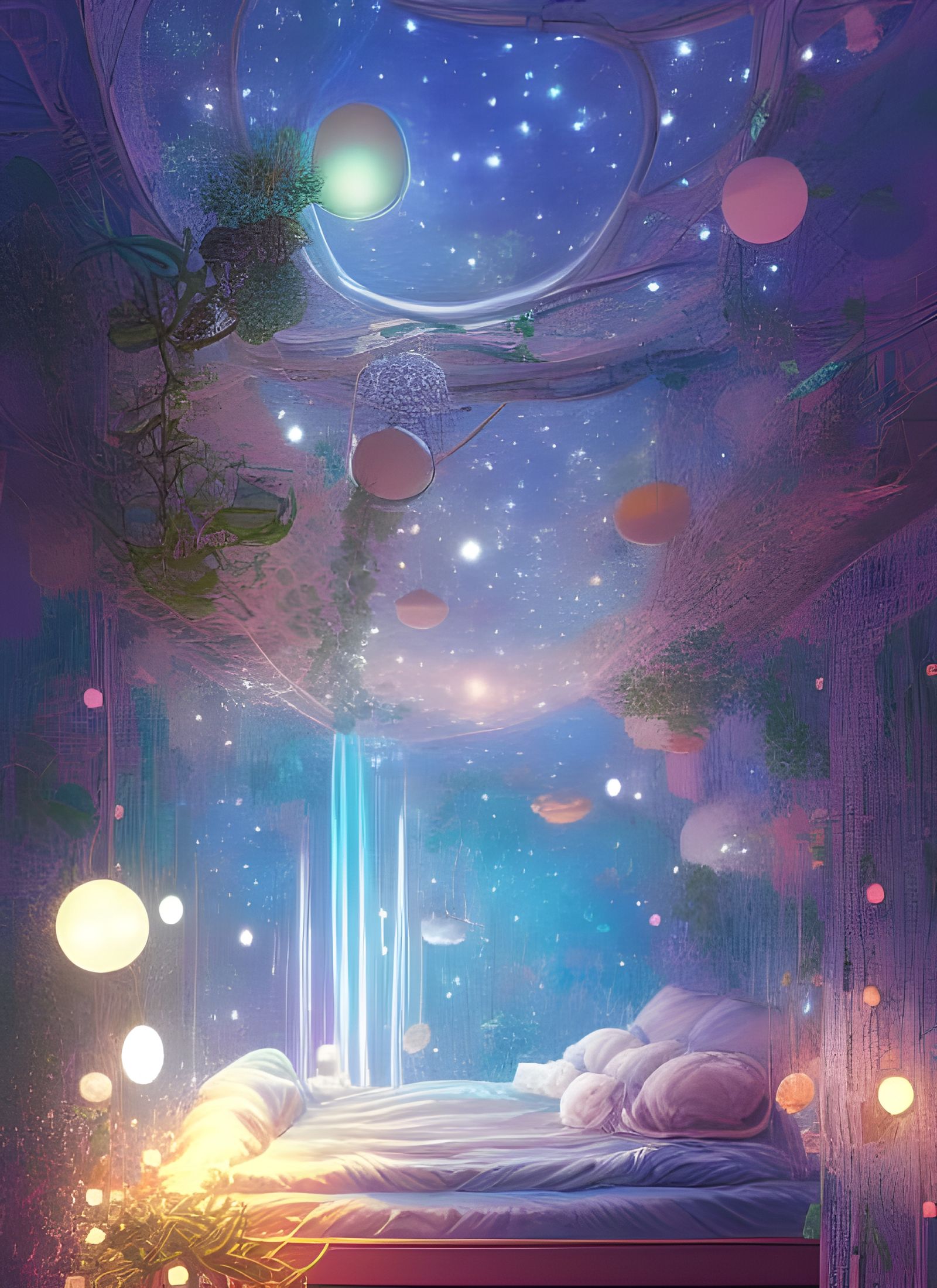 Cozy Bedroom with Glowing Stars, Digital Illustration