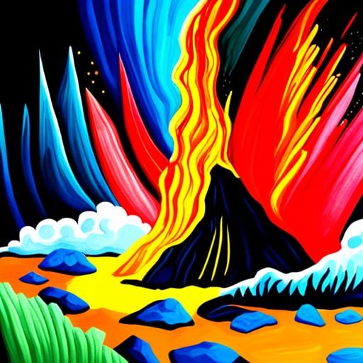 Volcanic Island Eruption in Gouache and Watercolor