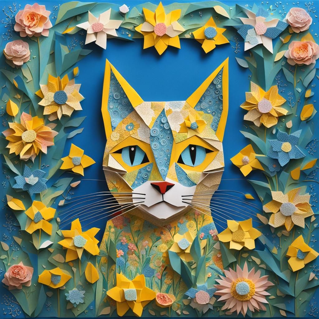 Whimsical Cat in Springtime: Intricate 3D Origami Art