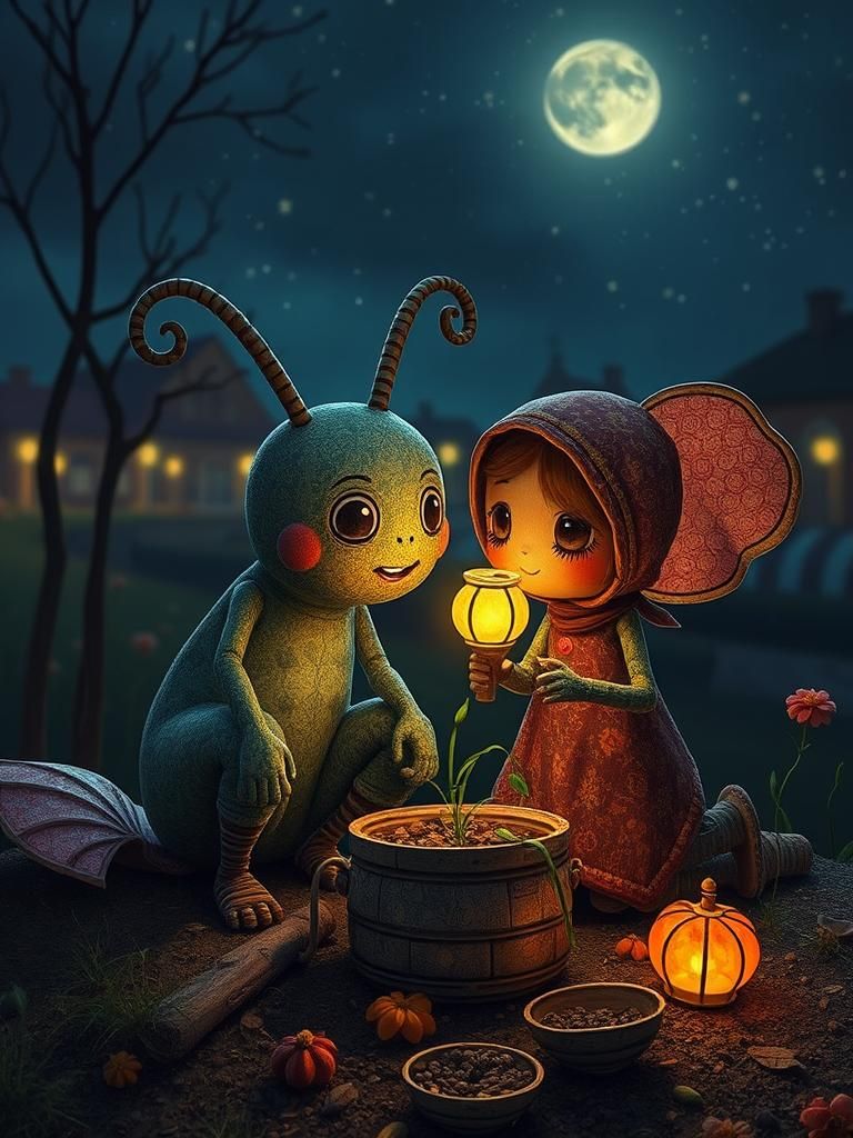 Couple Night Gardening on Trantor Under Earthshine