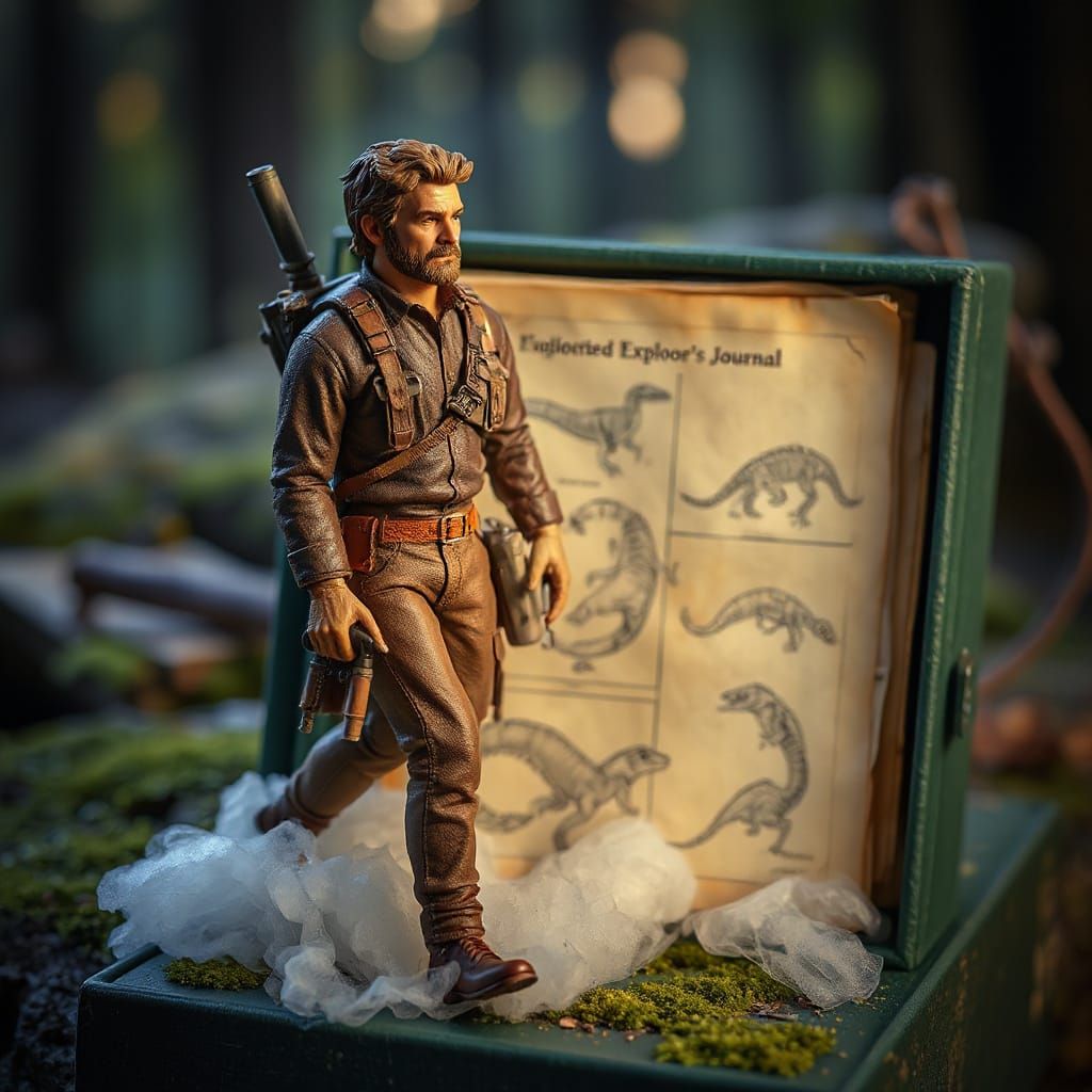 Victorian Cryptozoologist Figure in Moss-Green Box with Faux...