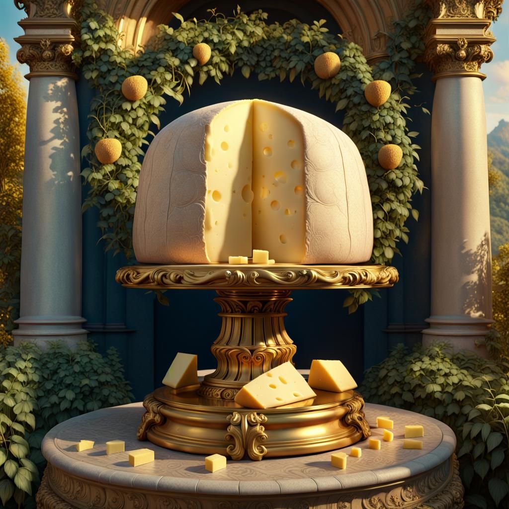 Majestic Cheese Wheel on Golden Pedestal