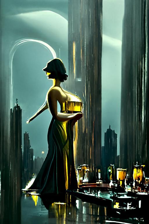 Lonely Woman in Art Deco Bar