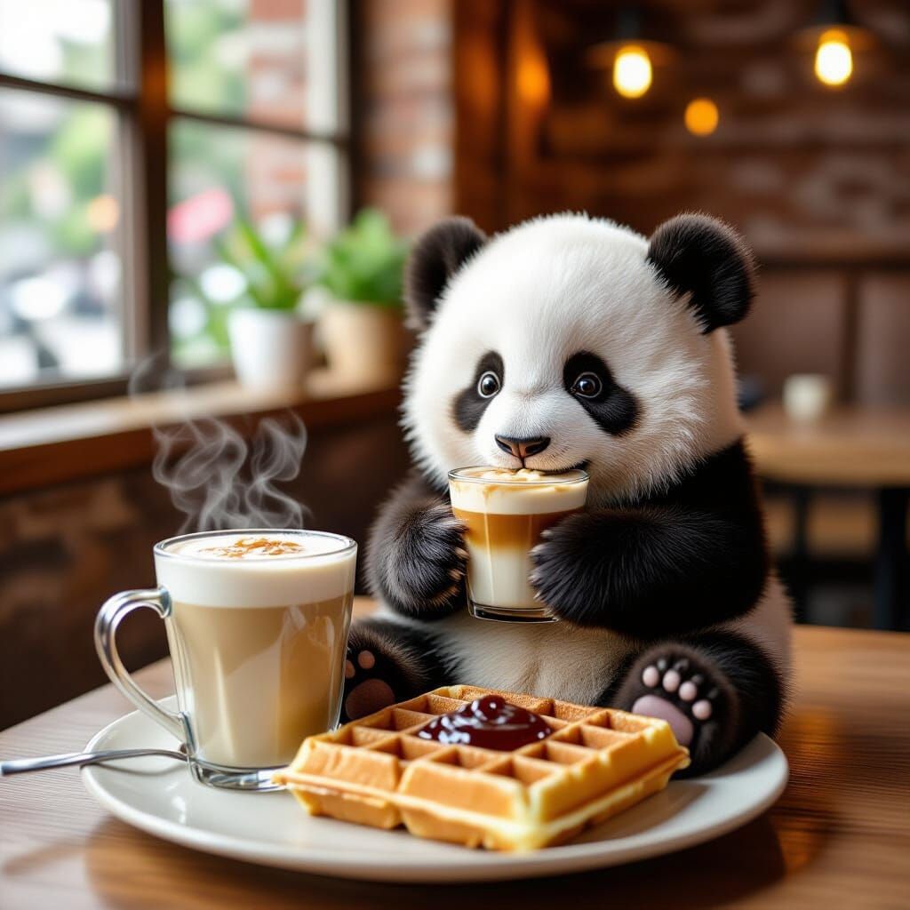 Cute Panda Enjoys Iced Coffee and Belgian Waffle