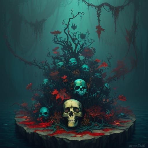 Gothic Skeletons & Skulls with Ruby Tears in Teal Water