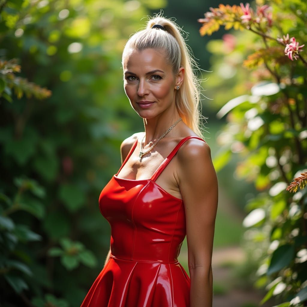 Confident Woman in Red Latex Dress in Lush Garden