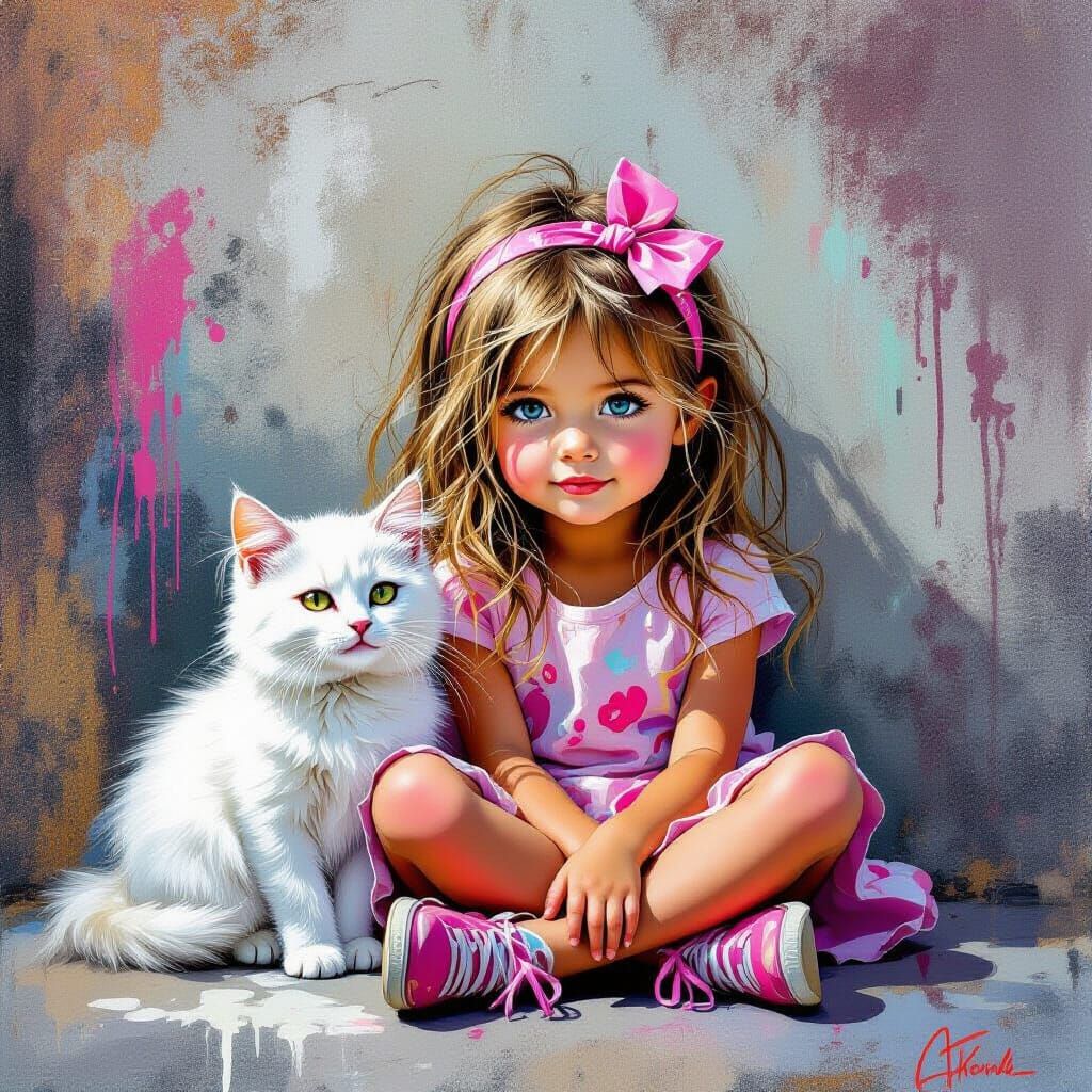 Cute Girl and White Cat in Vibrant Graffiti Art Style