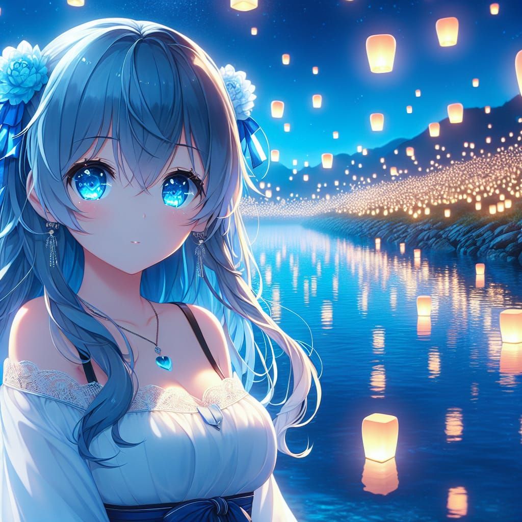 Blue anime girl with lanterns flying above the lake