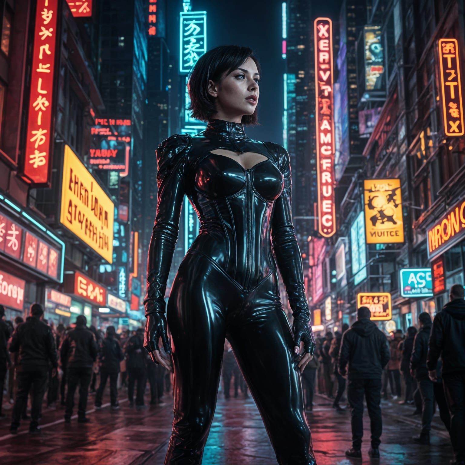 Glamorous Woman in Neon City Streets, Cyberpunk Art