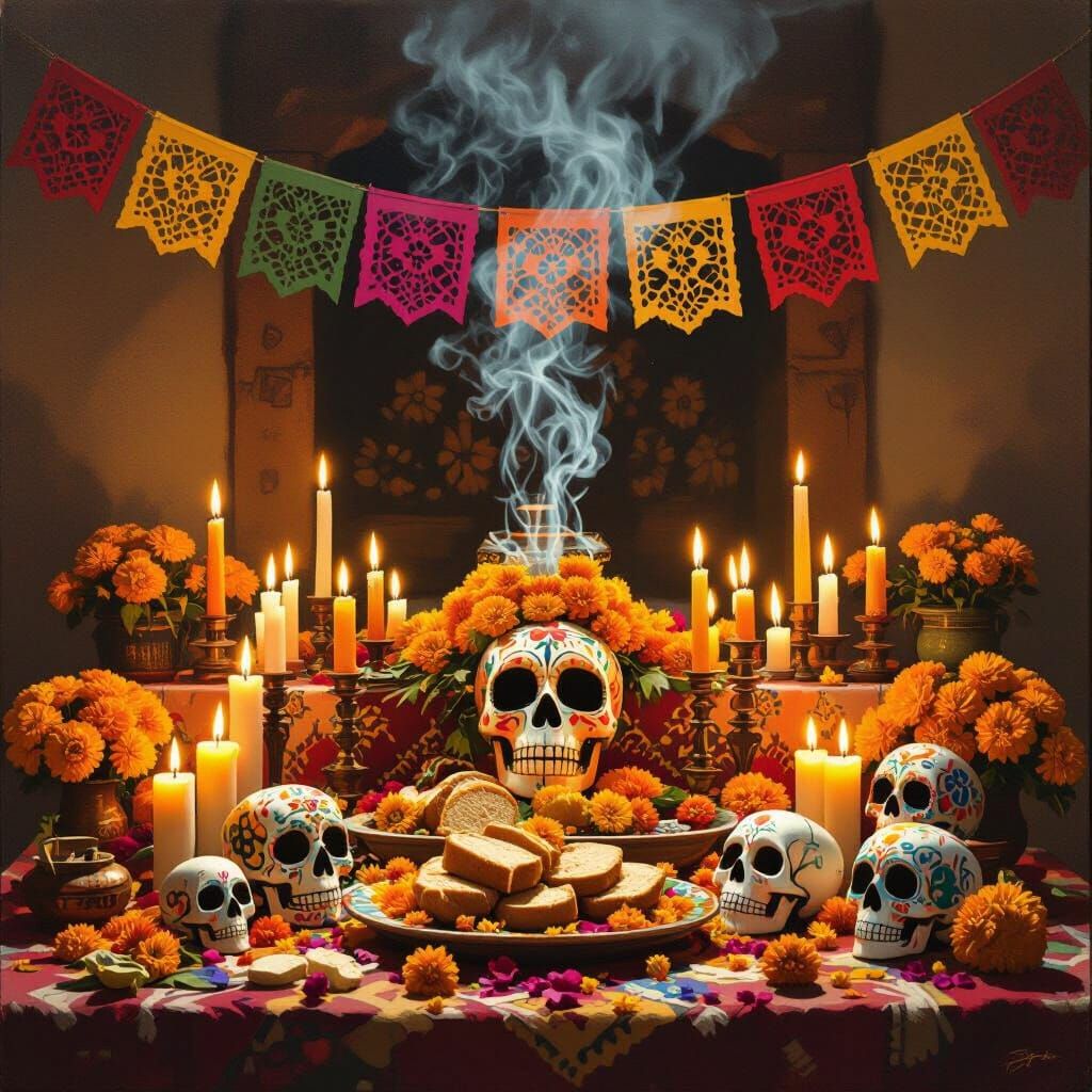 Vibrant Pre-Hispanic Ofrenda Altar with Ancestral Tributes