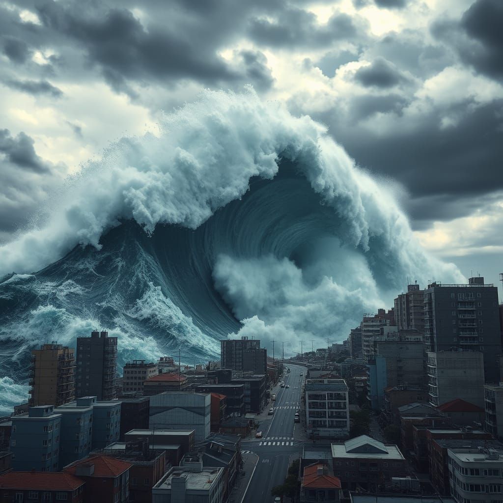 Tsunami Wave Crashing into Coastal City