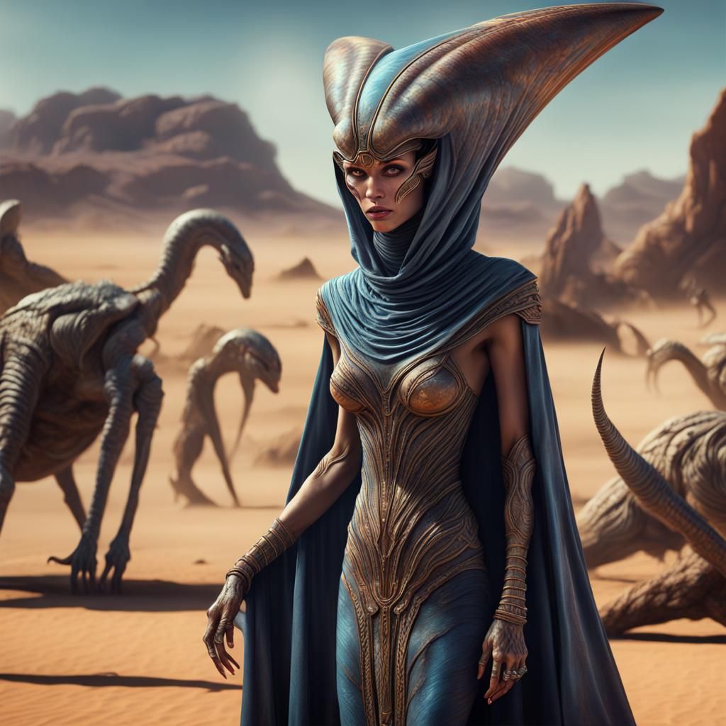 Hyperrealistic Alien Merchant in Desert Market